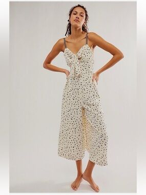 Free People Coming Home Cream Wide Leg Jumpsuit Tie Front Black Print Size L